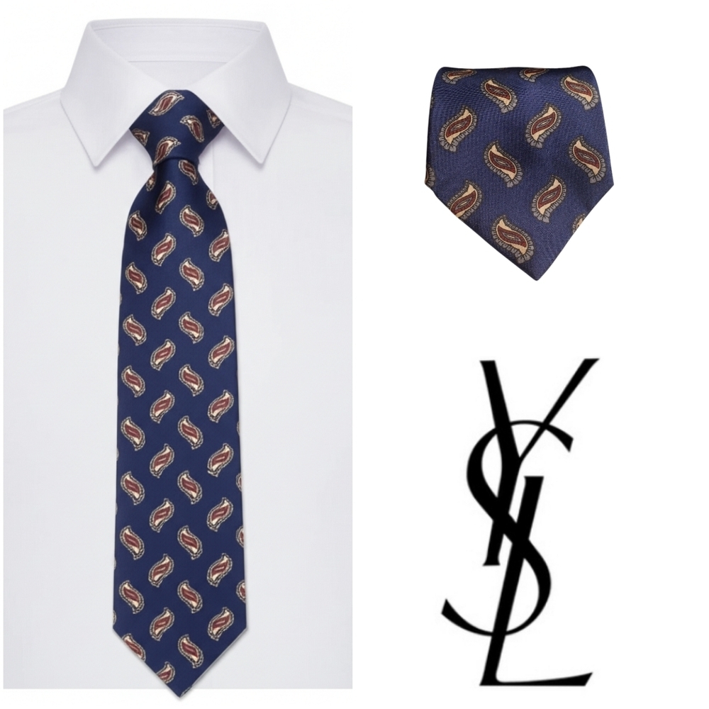 Vintage 100% Silk Yves Saint Laurent Dark Blue Paisley Tie